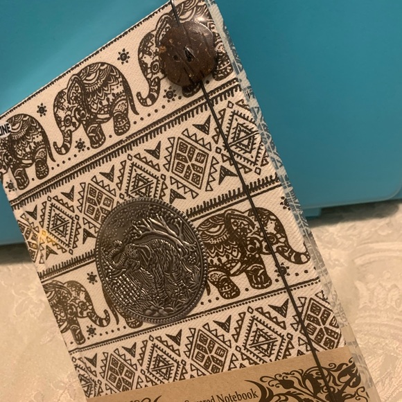 Fabric covered elephant print notebook & metal embossed medallion on front, new - Picture 3 of 3